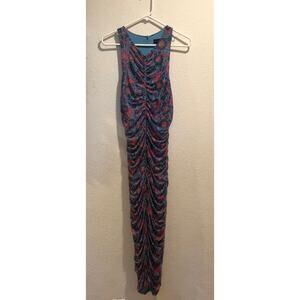 House of Harlow 1960 Blue Pink Floral Ruched Draped Bodycon Midi Dress Size M